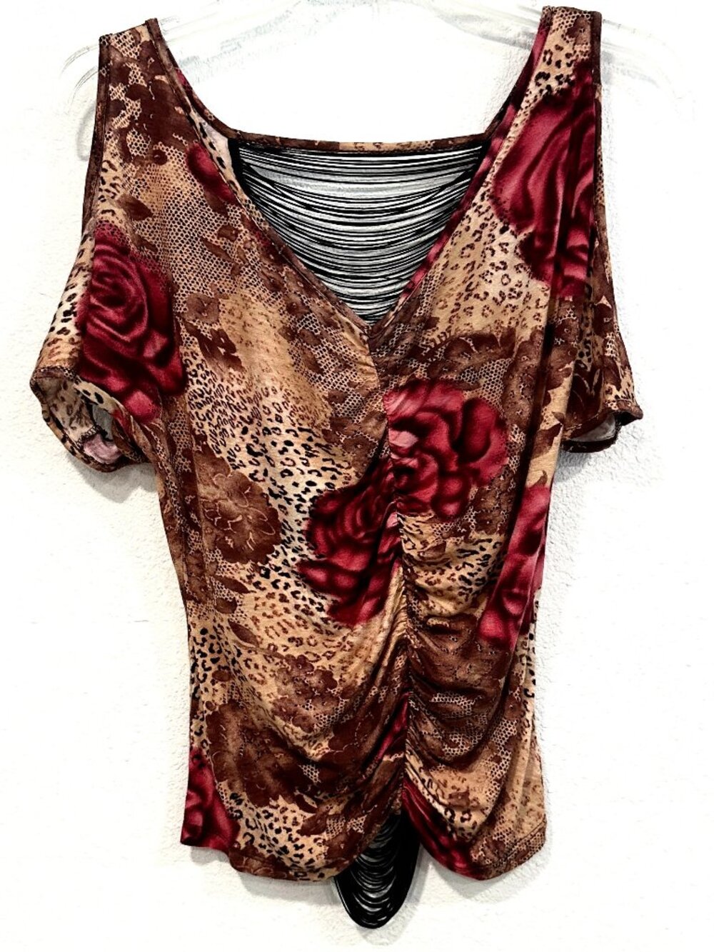 Wet Seal Stretch Top Cold Shoulder Strappy Open Back Ruched MultiColor Sz Small